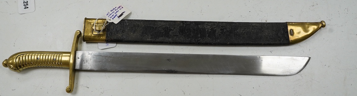An 1855 Prussian infantry pioneer’s short sword, brass hilt stamped 12.A.1.10 in its brass mounted leather scabbard, blade 47.5cm. Condition - fair, some age wear